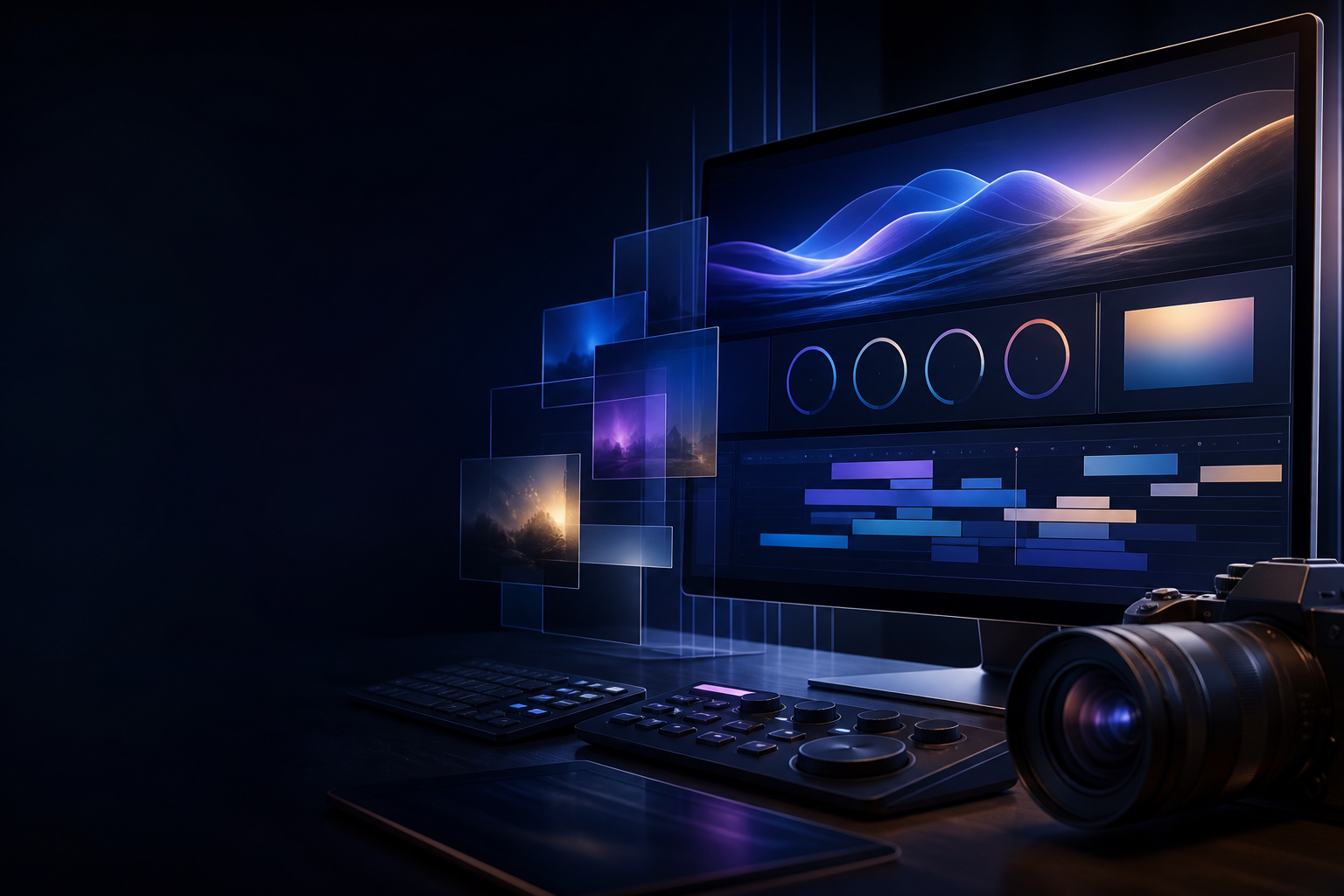 Professional creative editing workspace representing SiriusNXT video and photo editing