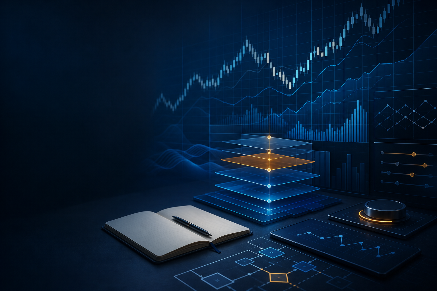 Analytical trading education workspace representing SiriusNXT tools and learning services